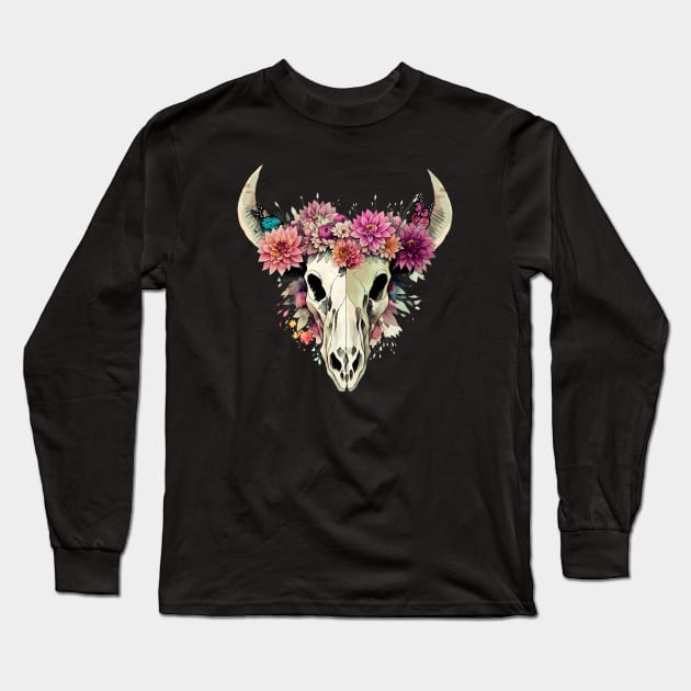 Cow Skull butterflies and floral dahlias crown, rodeo, wild, farm, cowgirl, cow, watercolor style Long Sleeve T-Shirt by Collagedream